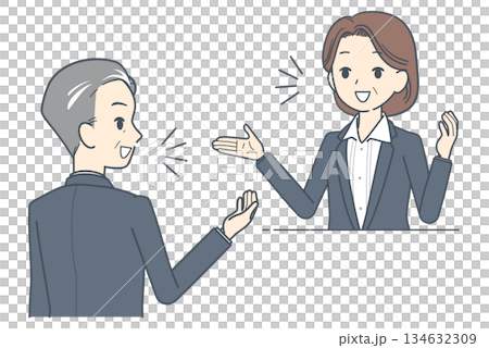 会話する中年のビジネスマンと中年のビジネスウーマンのイラスト 上半身 会議 会話する中年のビジネスマンと中年のビジネスウーマンのイラスト 上半身 会議 134632309