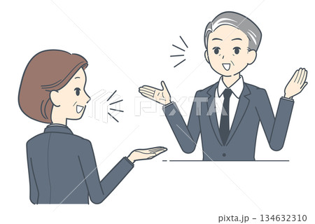 会話する中年のビジネスマンと中年のビジネスウーマンのイラスト 上半身 会議 会話する中年のビジネスマンと中年のビジネスウーマンのイラスト 上半身 会議 134632310