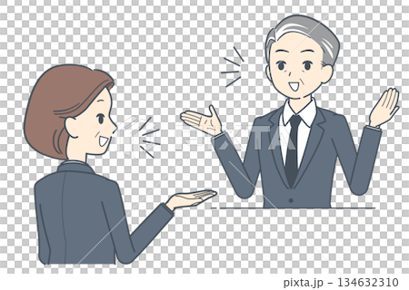 会話する中年のビジネスマンと中年のビジネスウーマンのイラスト 上半身 会議 会話する中年のビジネスマンと中年のビジネスウーマンのイラスト 上半身 会議 134632310