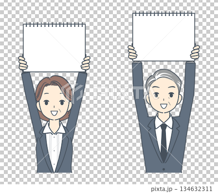 カンペを持つビジネスマンとビジネスウーマンのイラスト 上半身 カンペを持つビジネスマンとビジネスウーマンのイラスト 上半身 134632311
