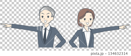 前方をまっすぐ指さす中年のビジネスマンとビジネスウーマンのイラスト 上半身 前方をまっすぐ指さす中年のビジネスマンとビジネスウーマンのイラスト 上半身 134632314