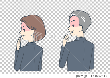 Illustration of a middle-aged businessman and businesswoman laughing while turning around 134632315