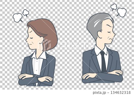 腕を組んでそっぽを向く中年のビジネスマンとビジネスウーマンのイラスト 腕を組んでそっぽを向く中年のビジネスマンとビジネスウーマンのイラスト 134632318