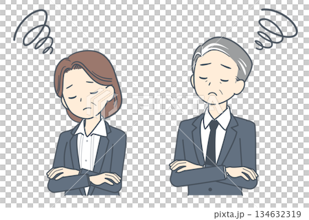 插圖描繪了一對中年商人和女商人,他們雙臂交叉在胸前,陷入沉思。 插圖描繪了一對中年商人和女商人,他們雙臂交叉在胸前,陷入沉思。 134632319