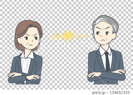 一幅插圖描繪了一位中年商人和一位中年女商人互相怒目而視的場景。 一幅插圖描繪了一位中年商人和一位中年女商人互相怒目而視的場景。 134632320