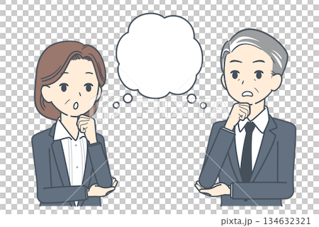 Illustration of a middle-aged businessman with a speech bubble and his hand on his chin, thinking deeply, upper body 134632321
