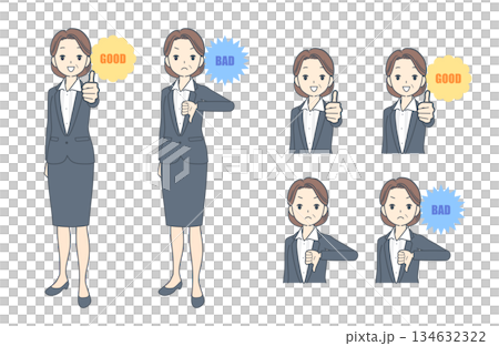 一組插圖，描繪了一位中年女商人豎起大拇指和豎起大拇指向下的動作。 134632322