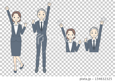 Illustration set of a middle-aged business person raising his fist, whole body, upper body Illustration set of a middle-aged business person raising his fist, whole body, upper body 134632325