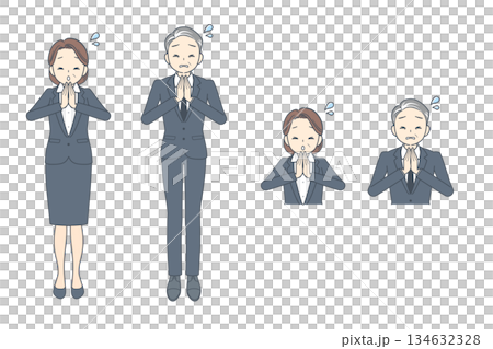 一位中年商人和一位中年女商人一起舉手道歉的插圖 134632328