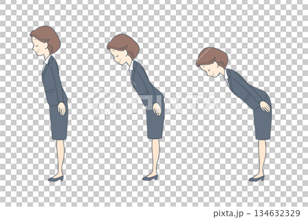 一組鞠躬角度的插圖:中年女商人 一組鞠躬角度的插圖:中年女商人 134632329