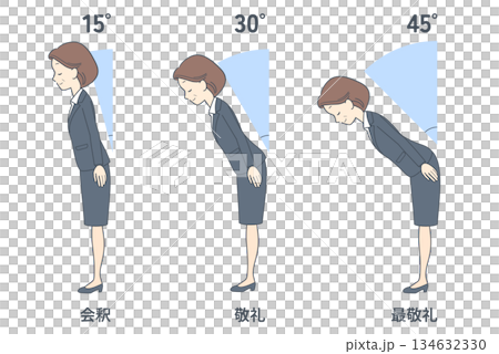 一組鞠躬角度的插圖:中年女商人 一組鞠躬角度的插圖:中年女商人 134632330
