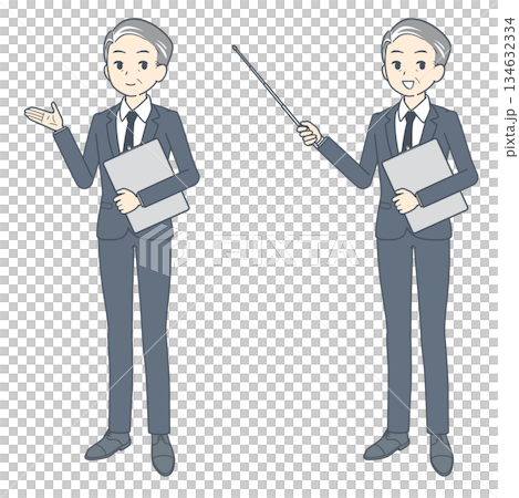 Two illustrations of middle-aged businessmen talking with clipboards Two illustrations of middle-aged businessmen talking with clipboards 134632334