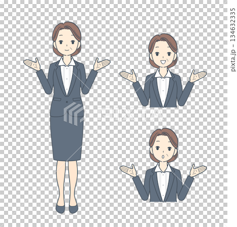 一組插圖，描繪了一位雙手舉起的中年女商人。 134632335