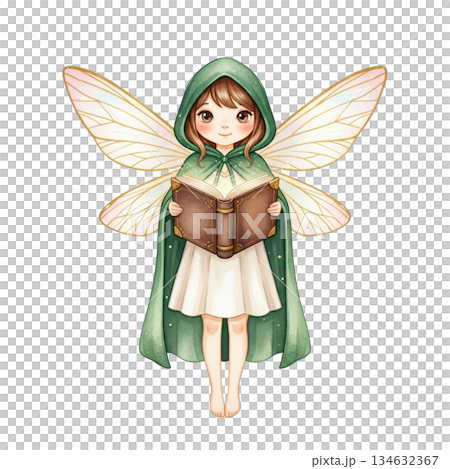 Cute Watercolor Fairy Girl in Green Hooded Cloak Reading Book 134632367