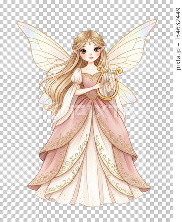 Cute Watercolor Fairy Girl Playing Golden Lyre Harp 134632449