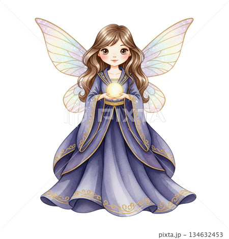 Cute Watercolor Fairy Girl in Purple Dress Holding Glowing Orb 134632453