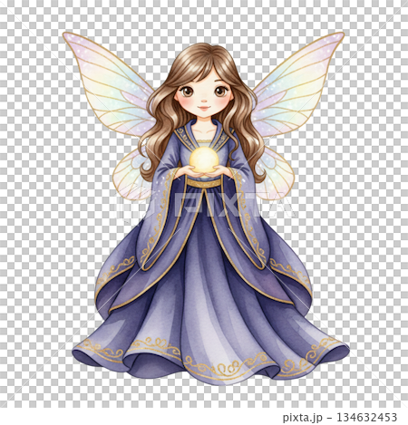 Cute Watercolor Fairy Girl in Purple Dress Holding Glowing Orb 134632453