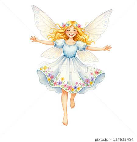 Happy Watercolor Fairy Girl in Blue Floral Dress Flying 134632454