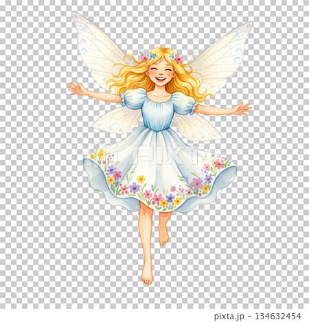 Happy Watercolor Fairy Girl in Blue Floral Dress Flying 134632454