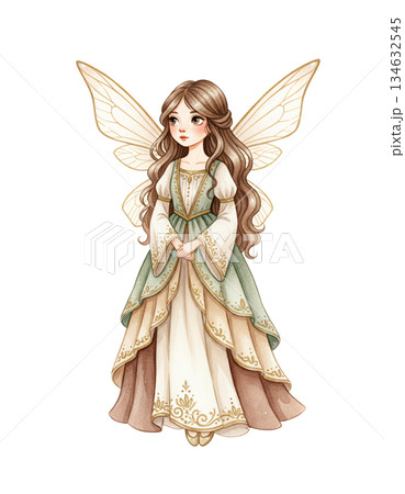 Cute Watercolor Fairy Girl with Brown Hair and Green Dress 134632545
