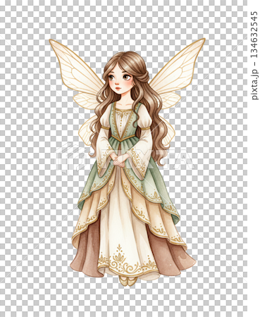 Cute Watercolor Fairy Girl with Brown Hair and Green Dress 134632545