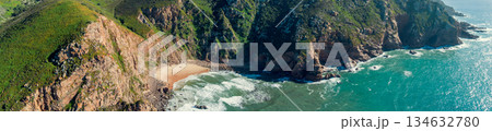 Panoramic view of Cabo da Roca. Rocky seascape. Assentiz Beach. Region of Cape Roca, Atlantic Ocean, Portugal. Horizontal banner 134632780