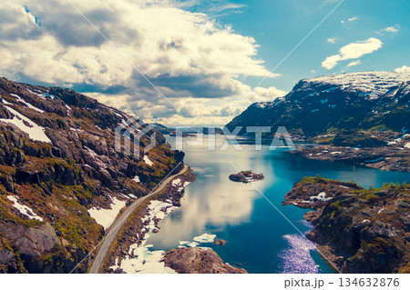 Lake Svartavatnet Sauda in the mountains in summer. Natural park in the municipality of Sauda. The beautiful nature of Norway 134632876