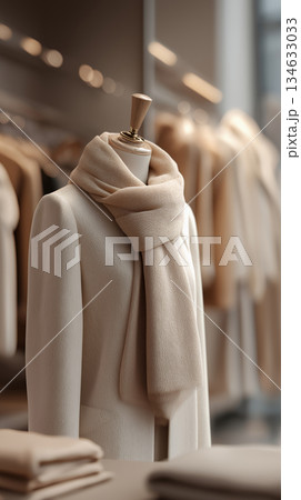 ベージュトーンでまとめた上質ストール付き冬コーデのアパレルディスプレイ ベージュトーンでまとめた上質ストール付き冬コーデのアパレルディスプレイ 134633033