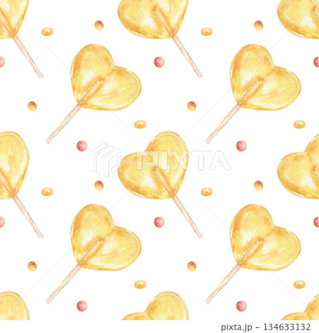 Watercolor seamless pattern with a yellow heart-shaped lollipop and colorful dots. A sweet candy texture for celebrating Valentine's Day, a child's birthday, a party invitation, or textiles. Watercolor seamless pattern with a yellow heart-shaped lollipop and colorful dots. A sweet candy texture for celebrating Valentine's Day, a child's birthday, a party invitation, or textiles. 134633132