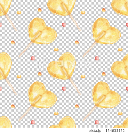 Watercolor seamless pattern with a yellow heart-shaped lollipop and colorful dots. A sweet candy texture for celebrating Valentine's Day, a child's birthday, a party invitation, or textiles. Watercolor seamless pattern with a yellow heart-shaped lollipop and colorful dots. A sweet candy texture for celebrating Valentine's Day, a child's birthday, a party invitation, or textiles. 134633132