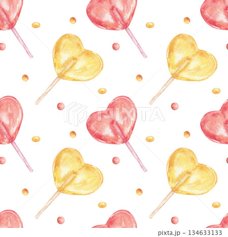 Watercolor seamless pattern with a yellow, red heart-shaped lollipop and colorful dots. A sweet candy texture for celebrating Valentine's Day, a child's birthday, a party invitation, or textiles. 134633133