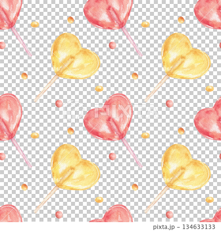 Watercolor seamless pattern with a yellow, red heart-shaped lollipop and colorful dots. A sweet candy texture for celebrating Valentine's Day, a child's birthday, a party invitation, or textiles. 134633133