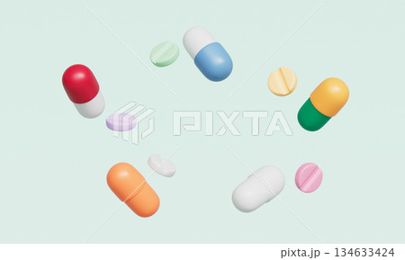 Pharmaceutical Pills Capsule and Tablet. 3D Rendering. Pharmaceutical Pills Capsule and Tablet. 3D Rendering. 134633424