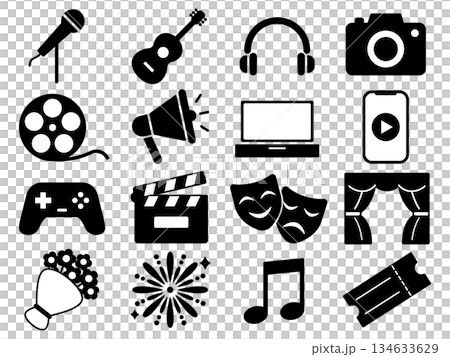 一組包含 16 個單色娛樂圖標 一組包含 16 個單色娛樂圖標 134633629