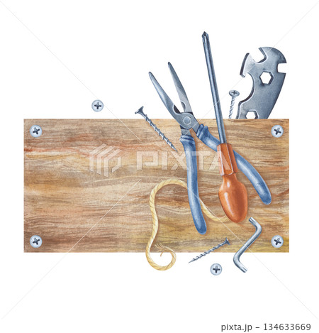 A composition with working iron tools on a wooden board. Watercolor illustration of realistic instruments on an isolated background. Renovation and home improvement. A composition with working iron tools on a wooden board. Watercolor illustration of realistic instruments on an isolated background. Renovation and home improvement. 134633669