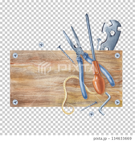 A composition with working iron tools on a wooden board. Watercolor illustration of realistic instruments on an isolated background. Renovation and home improvement. 134633669