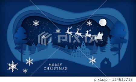 Merry Christmas landscape. Greeting text on card. Paper cut holiday ornament. Origami element 3D. Winter scenery. Celebration snow tree. Santa on reindeer sleigh. Vector Xmas postcard template design 134633718