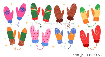Winter glove. Snow mitten. Cozy design for hands. Child element fashion. Knitted glove, seasonal clothing. Warm pattern. Christmas, New Year apparel. Vector tidy cartoon flat isolated illustration Winter glove. Snow mitten. Cozy design for hands. Child element fashion. Knitted glove, seasonal clothing. Warm pattern. Christmas, New Year apparel. Vector tidy cartoon flat isolated illustration 134633722