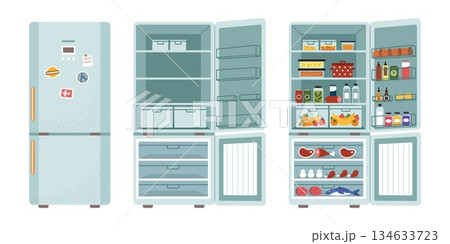 Refrigerator. Fridge closed and open with food. Food storage. Kitchen appliance. Cooling, daily meal intake, frozen preservation. Shelves with fruits. Vector tidy cartoon flat isolated illustration 134633723