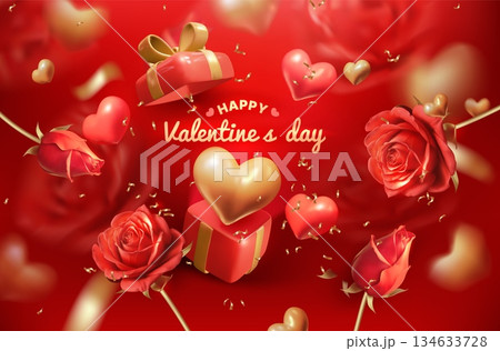 Valentines Day banner. Gold, red 3D heart. Giftbox for lovers, card design. Rose elegant flower, gold confetti. Gift background. Realistic template. Vector exact realistic render glossy illustration 134633728