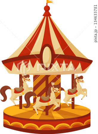 Colorful circus carousel with horses in flat cartoon illustration style 134633781