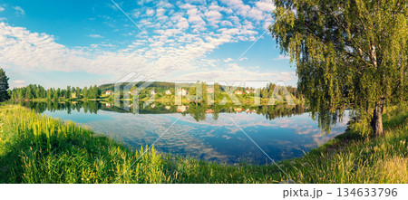 Panoramic view of Lake Mjosa near Tangen. The beautiful nature of Norway, Europe Panoramic view of Lake Mjosa near Tangen. The beautiful nature of Norway, Europe 134633796
