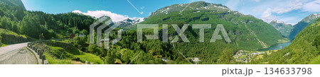 Panoramic mountain view on a sunny day. Beautiful nature of Norway. Horizontal banner 134633798