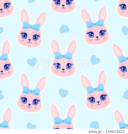 Seamless pattern with cute pink bunny faces featuring big sparkly eyes and blue bows 134633822