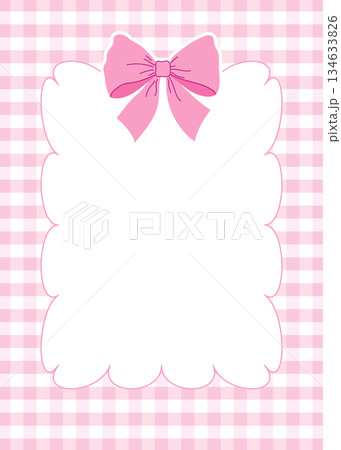 Pink gingham background with a large white scalloped frame topped by pink ribbon bow. Pink gingham background with a large white scalloped frame topped by pink ribbon bow. 134633826