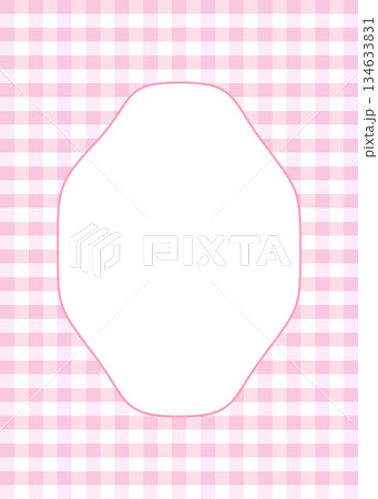 Pink gingham background with a blank frame. Template for feminine cards, labels or invitations. 134633831