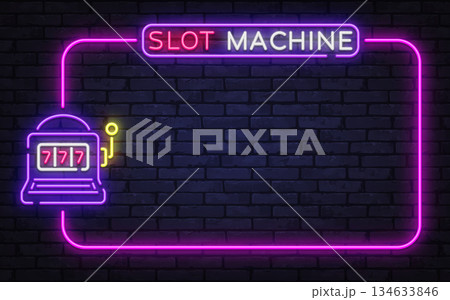 Bright neon vector frame with slot machine icon and glowing jackpot style elements. Ideal for casino banners, gambling ads, and retro nightlife designs. 134633846