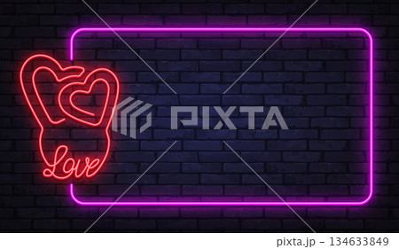 Romantic neon vector frame with glowing hearts and handwritten love text on dark brick wall. Perfect for valentines designs, wedding ads, and romantic banners. Romantic neon vector frame with glowing hearts and handwritten love text on dark brick wall. Perfect for valentines designs, wedding ads, and romantic banners. 134633849