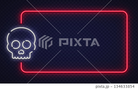 Bold neon vector frame with skull icon on dark background. Great for horror themes, party flyers, music events, and edgy visual designs. Bold neon vector frame with skull icon on dark background. Great for horror themes, party flyers, music events, and edgy visual designs. 134633854