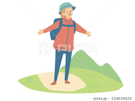 山で深呼吸する女性のイラスト 山で深呼吸する女性のイラスト 134634020